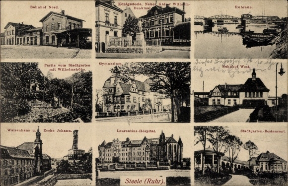 Postcard Steele Essen in the Ruhr area, West Station, Kaiser Wilhelm Memorial, Stadtgarten Restaurant