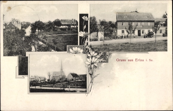 Ak Erlau in Sachsen, Kirche, Blick auf den Ort, Gasthaus