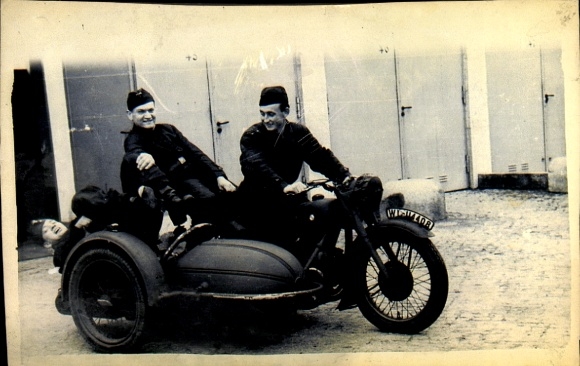 Photo Three Wehrmacht soldiers in uniform, motorcycle with sidecar