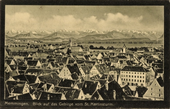 Postcard Memmingen in Swabia, general view, mountains from the St. Martiunsturm,
