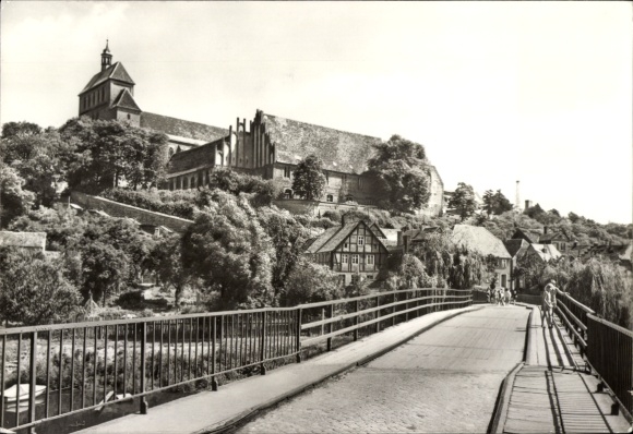 Postcard Havelberg in Saxony-Anhalt, cathedral with monastery building, landscape, bridge, historical architecture...
