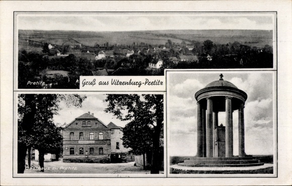 Ak Vitzenburg Pretitz Querfurt in Sachsen Anhalt, Panorama, Gasthof zu Pretitz, Kriegerdenkmal