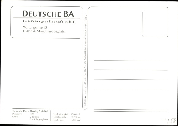 Postcard Passenger Aircraft Boeing 737-300, Deutsche BA