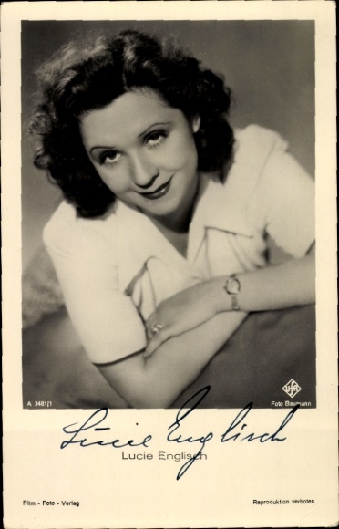 Postcard actress Lucie English, portrait, Ufa film, autograph
