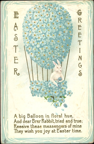 Embossed Postcard Easter Greetings, Happy Easter, Easter Bunny, Flowers, Captive Balloon, Kitsch