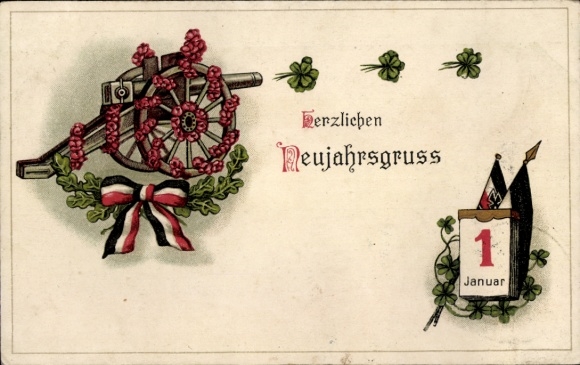 Chromo-Litho Happy New Year, calendar, January 1st, cannon, clovers