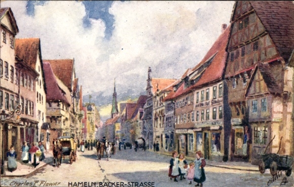 Ak Hameln an der Weser Niedersachsen, Bäckerstraße in   Gebäude, Menschen, Pferdewagen