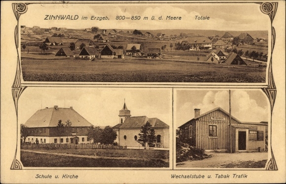 Postcard Cínovec Bohemian Zinnwald Dubí Eichwald Reg. Aussig, school, church, exchange office, tobacconist