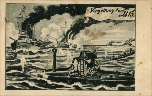Künstler Ak Kreuzer Strassburg und Stralsund bringen ein englisches Unterseeboot zum Sinken, I. WK