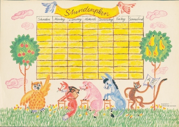 Timetable Animals in School, Owl, Fox, Pig, Donkey, Monkey