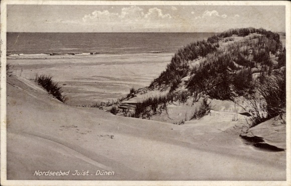 Postcard North Sea resort Juist in East Frisia, dunes, sea view