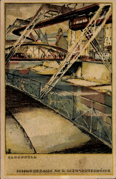 Lithograph artist Postcard Greiner, Elberfeld Wuppertal, suspension railway at the Alexander Bridge