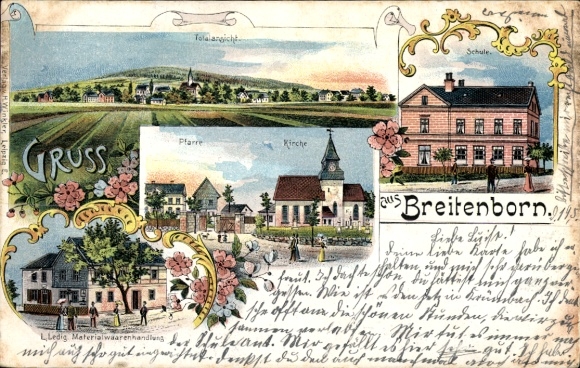 Chromo-Litho Breitenborn Rochlitz Saxony, general view, church, school, parish