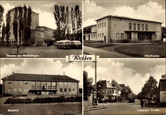 Ak Wolfen in Saksen-Anhalt, theater van de arbeiders, bioscoop, treinstation, Leipziger Strasse