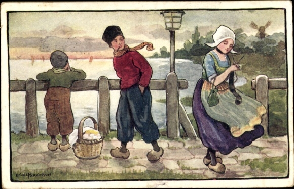 Ak Holland Michigan USA, Twee jongens en een meisje in traditionele Nederlandse kledij...