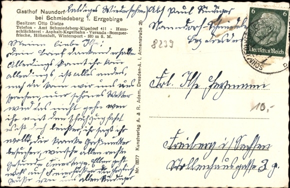 Postcard Schmiedeberg in the Ore Mountains, partial view, Gasthof Naundorf, exterior and interior view
