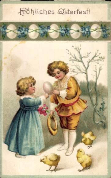 Litho Glückwunsch Ostern, Kinder, Ostereier, Küken