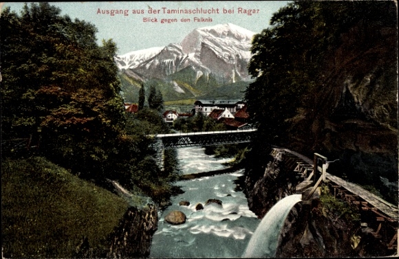 KP Bad Ragaz Kanton St. Gallen, krajobraz górski, wąwóz Tamina, rzeka, Falknis, most