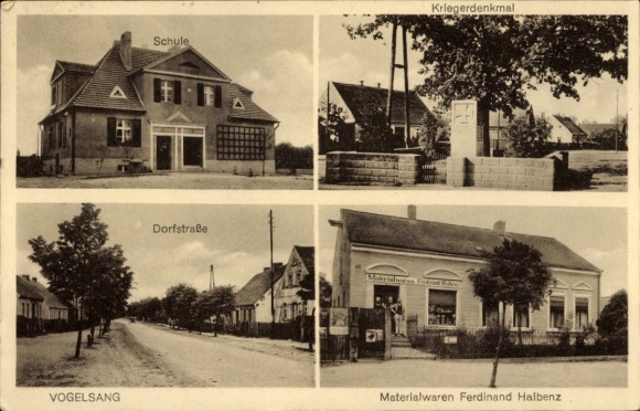 Postcard Vogelsang im Odertal, school, war memorial, village street, Ferdinand Halbenz commercial building