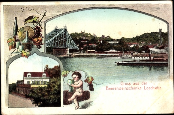 PC Dresden Northeast Loschwitz, panorama of the place, bridge, inn Beerenschänke