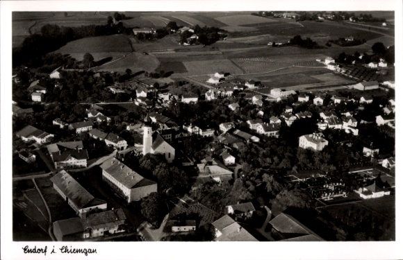 Postcard Bad Endorf in Chiemgau Upper Bavaria, aerial photograph, rural scene, houses, church, fields, Schw