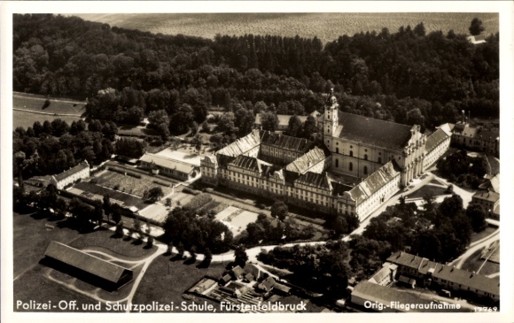 Postcard Fürstenfeldbruck in Upper Bavaria, Police Officer and Police School, aerial photograph