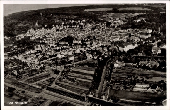 Postcard Bad Nauheim in Hesse, aerial photograph of city view, black and white
