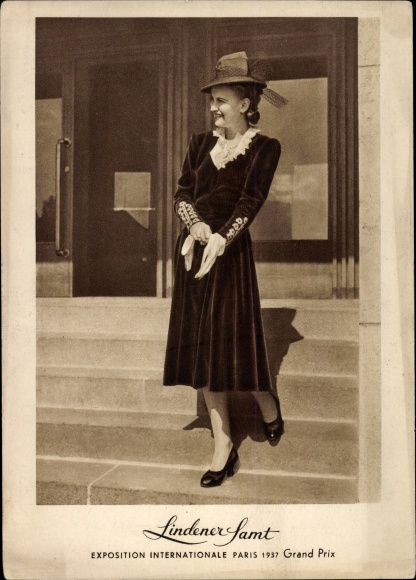 PC Linden velvet, Exposition Internationale Paris 1937 Grand Prix, advertising, woman in a dress