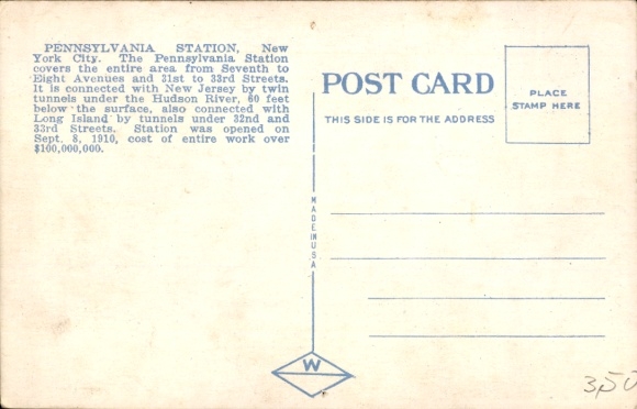 Postcard New York City USA, Pennsylvania Station