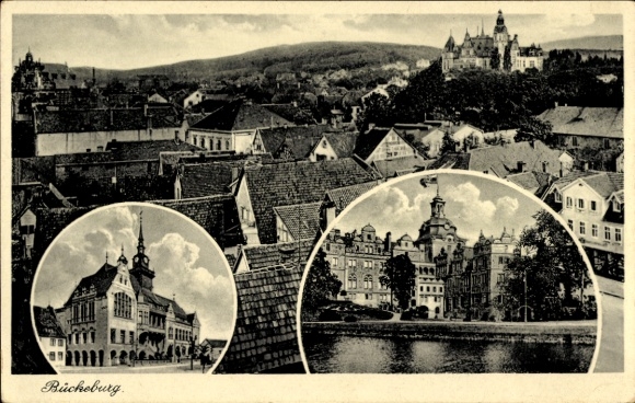 Postcard Bückeburg in the district of Schaumburg, general view, shore, clock tower
