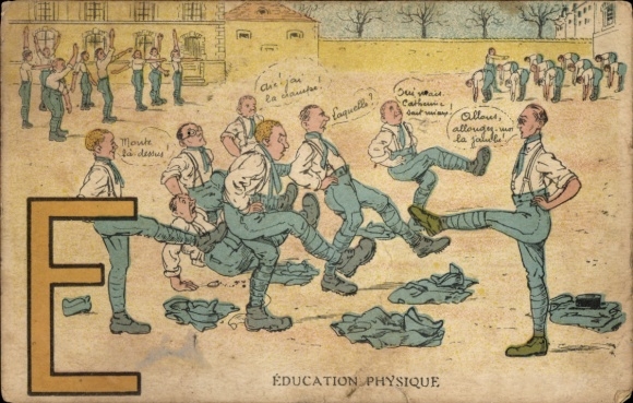 Letters Postcard Letter E, soldiers, sports, gymnastics