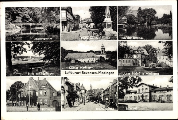Postcard Medingen Bad Bevensen in Lower Saxony, Ilmenaupartie, monastery, town hall, train station, old castle