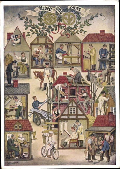 Künstler Ak Reichshandwerkertag 1936, Arbeit und Ehre, Friseur, Bäcker, Töpfer