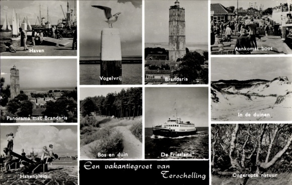 Postcard Terschelling Friesland Netherlands, harbor, Brandaris, seagull, De Friesland