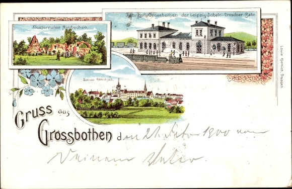 litho Großbothen Grimma, kloosterruïne Nimbschen, kasteel Köttritzsch, treinstation
