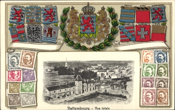 PC Bettembourg Bettembourg Luxembourg, Luxembourg, coat of arms, colored stamps, historical buildings
