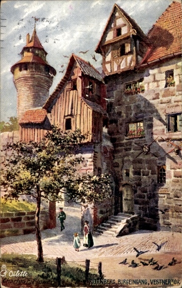 Artist Postcard Flower, Charles, Nuremberg in Middle Franconia Bavaria, castle entrance, Vestnertor
