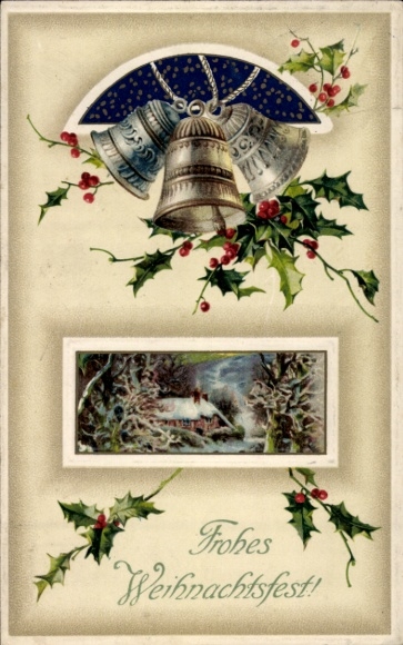 Geëmbosseerd Ak Gefeliciteerd Kerstmis, klokken, hulst, huis