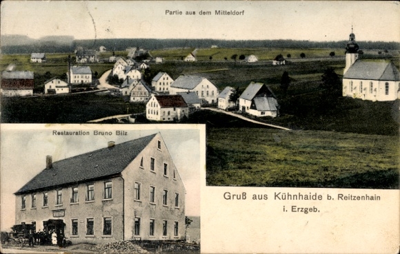 Postcard Kühnhaide Marienberg in the Erzgebirge, part of the middle village, restoration Bruno Bilz