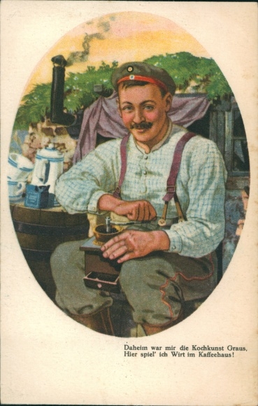 Postcard soldier with coffee grinder in the shelter, coffee house, soldier humor, I. WK
