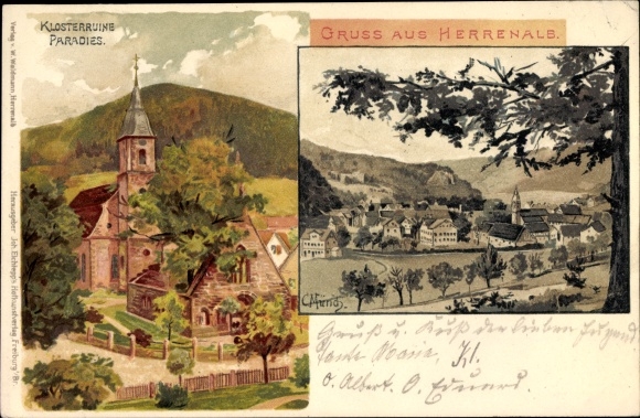 Artist Chromo-Litho Münch, C., Bad Herrenalb in the Black Forest, monastery ruins paradise