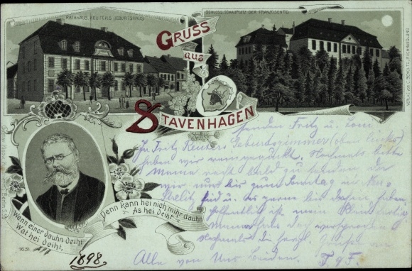 Moonlight litho Reuterstadt Stavenhagen in Mecklenburg, town hall, Reuters birthplace, portrait