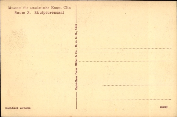 Postcard Cologne on the Rhine, Museum of East Asian Art, Sculpture Hall, various statues, display cases