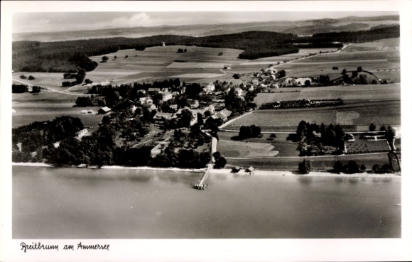 Postcard Breitbrunn Herrsching am Ammersee, aerial photograph, Ammersee, fields, houses, water