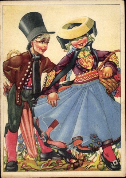 Postcard couple in four-country costume