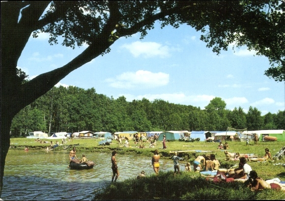 Ak Rechlin, Bolterkanaal aan de Müritz, camping met tenten, zwemmende mensen, bomen, ...