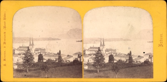 Stereo photo Lucerne Luzern city Switzerland, panorama, church