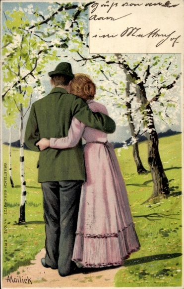 Künstler Litho Mailick, Liebespaar, Spaziergang, Birken