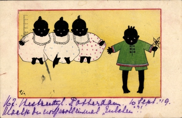 Künstler Ak Drei schwarue Mädchen mit schwarzem Jungen