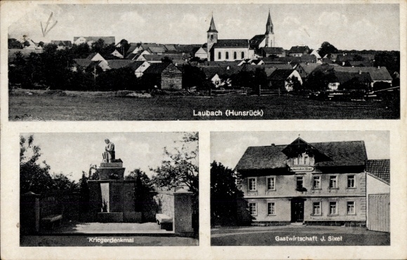 Postcard Laubach in the Hunsrück, Laubach, war memorial, inn J. Sixel